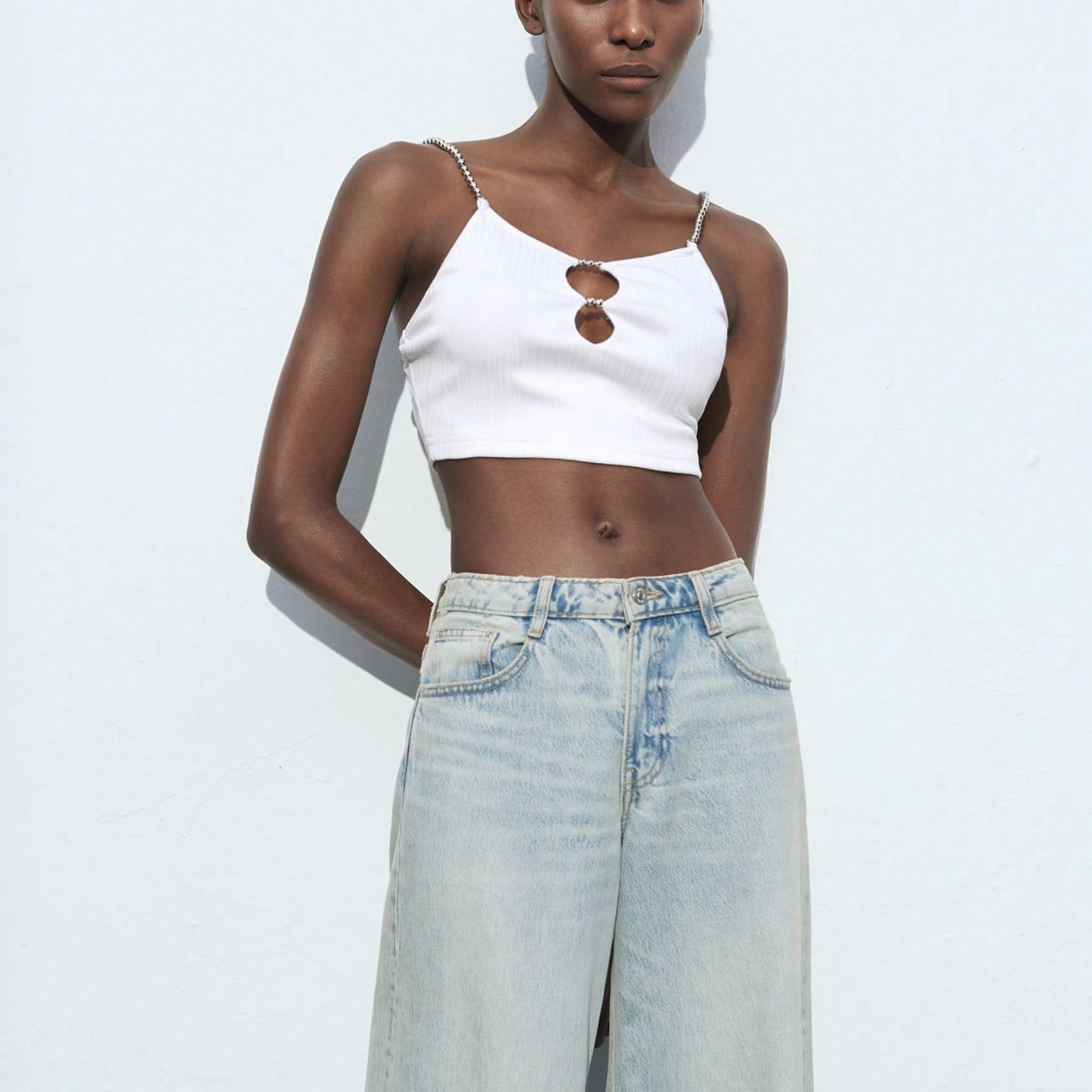 White Cutout Chain Strap Crop Top - Kumkwat