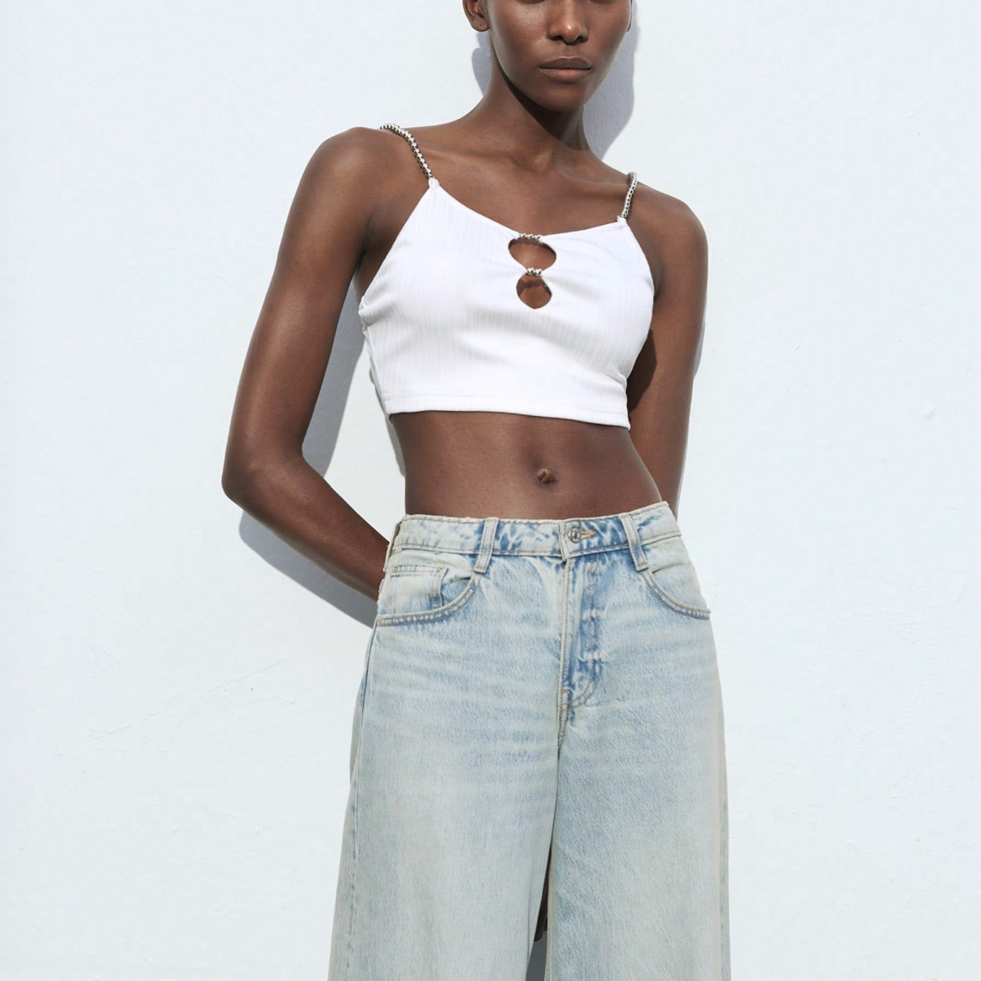 White Cutout Chain Strap Crop Top - Kumkwat