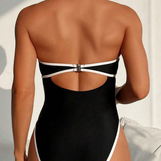 Black & White Strapless One-Piece Swimsuit - Kumkwat