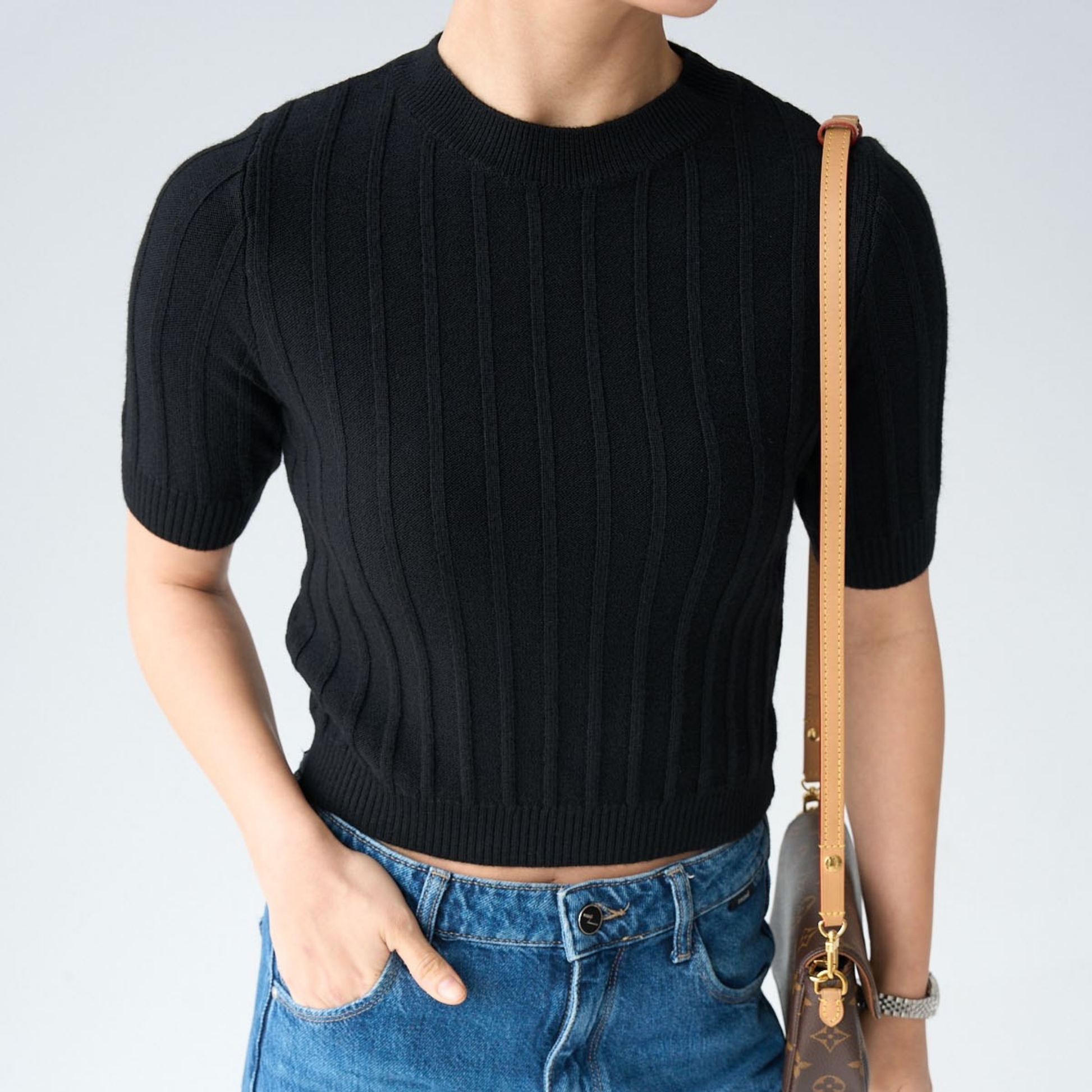 Ribbed Knit Short-Sleeve Top - Kumkwat
