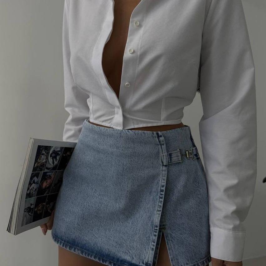 Asymmetrical Denim Mini Skirt – Light Wash - Kumkwat