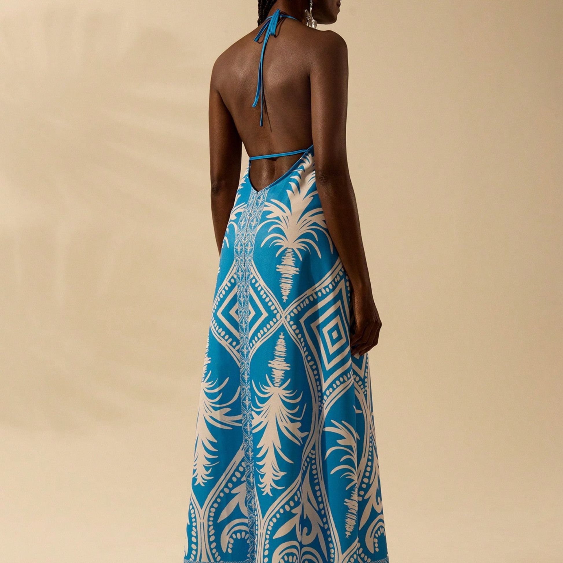 Tropical Blue Geometric Halter Maxi Dress - Kumkwat