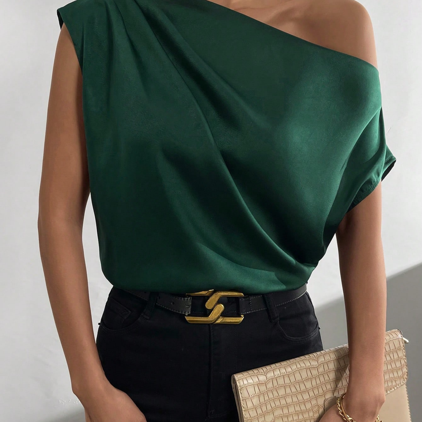 One-Shoulder Draped Blouse - Kumkwat