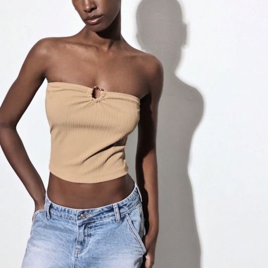 Khaki Strapless Ribbed Bandeau Top - Kumkwat