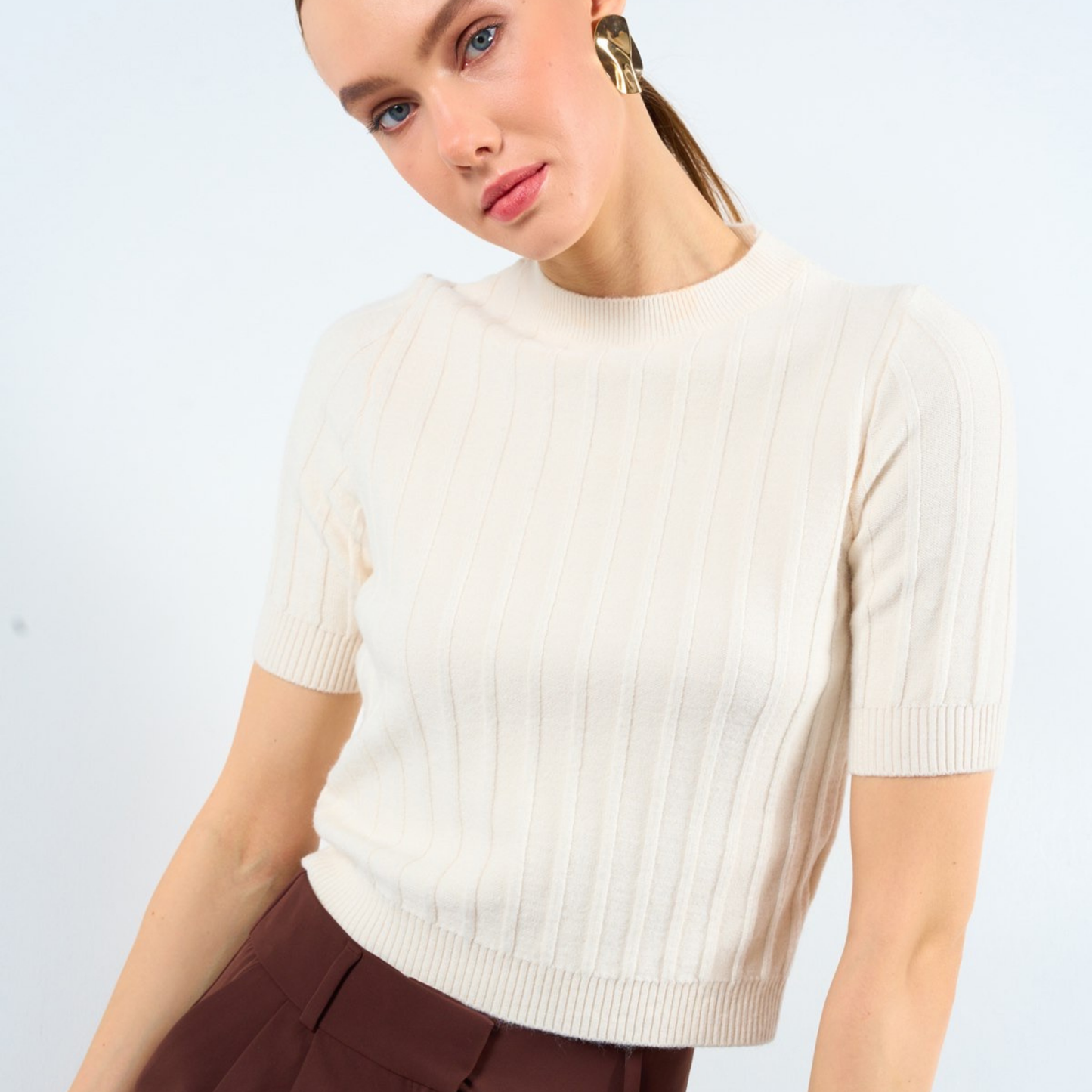 Ribbed Knit Short-Sleeve Top - Kumkwat