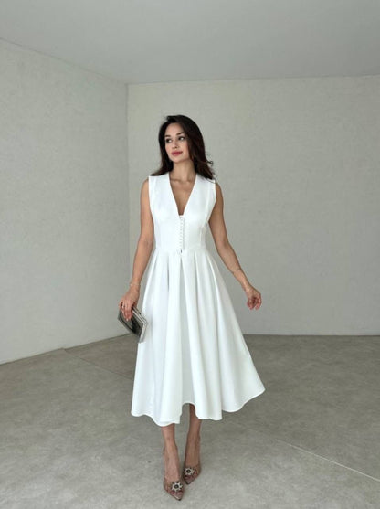 Grace Buttoned V-Neck Midi Dress – Classic White - Kumkwat
