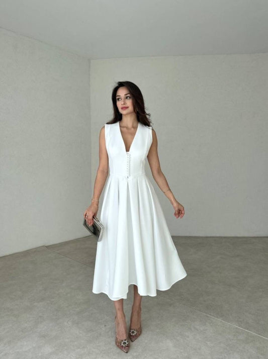 Grace Buttoned V-Neck Midi Dress – Classic White