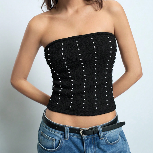 Black Strapless Pearl Dot Smocked Top