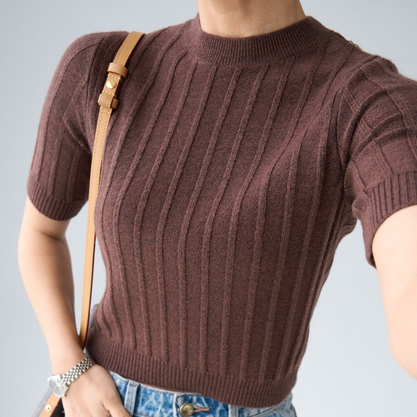 Ribbed Knit Short-Sleeve Top - Kumkwat