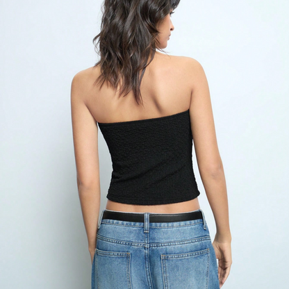 Black Strapless Pearl Dot Smocked Top