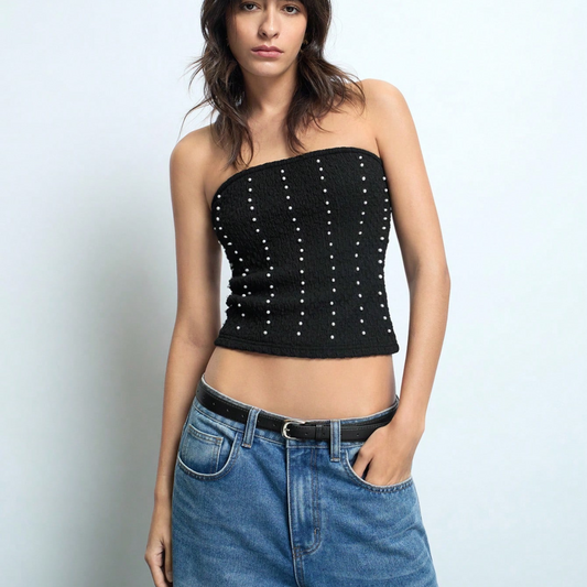 Black Strapless Pearl Dot Smocked Top
