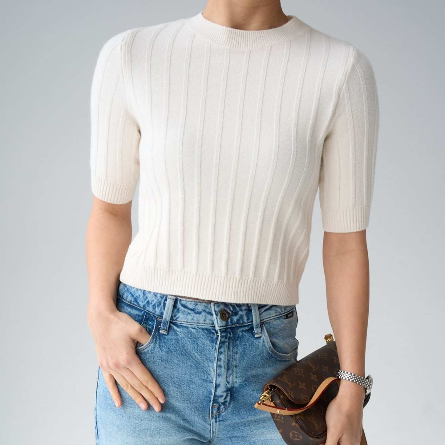 Ribbed Knit Short-Sleeve Top - Kumkwat