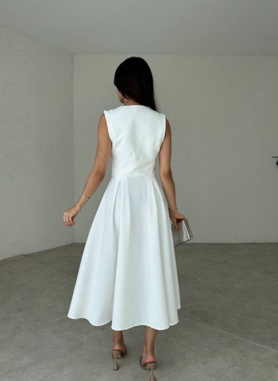 Grace Buttoned V-Neck Midi Dress – Classic White - Kumkwat