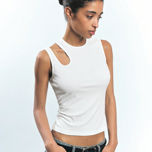 Asymmetrical Cutout Ribbed Tank – White