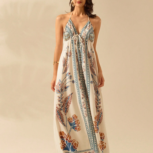 Boho Earth-Tone Floral Halter Maxi Dress