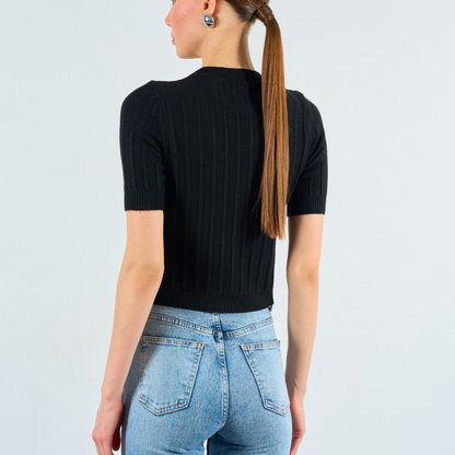 Ribbed Knit Short-Sleeve Top - Kumkwat