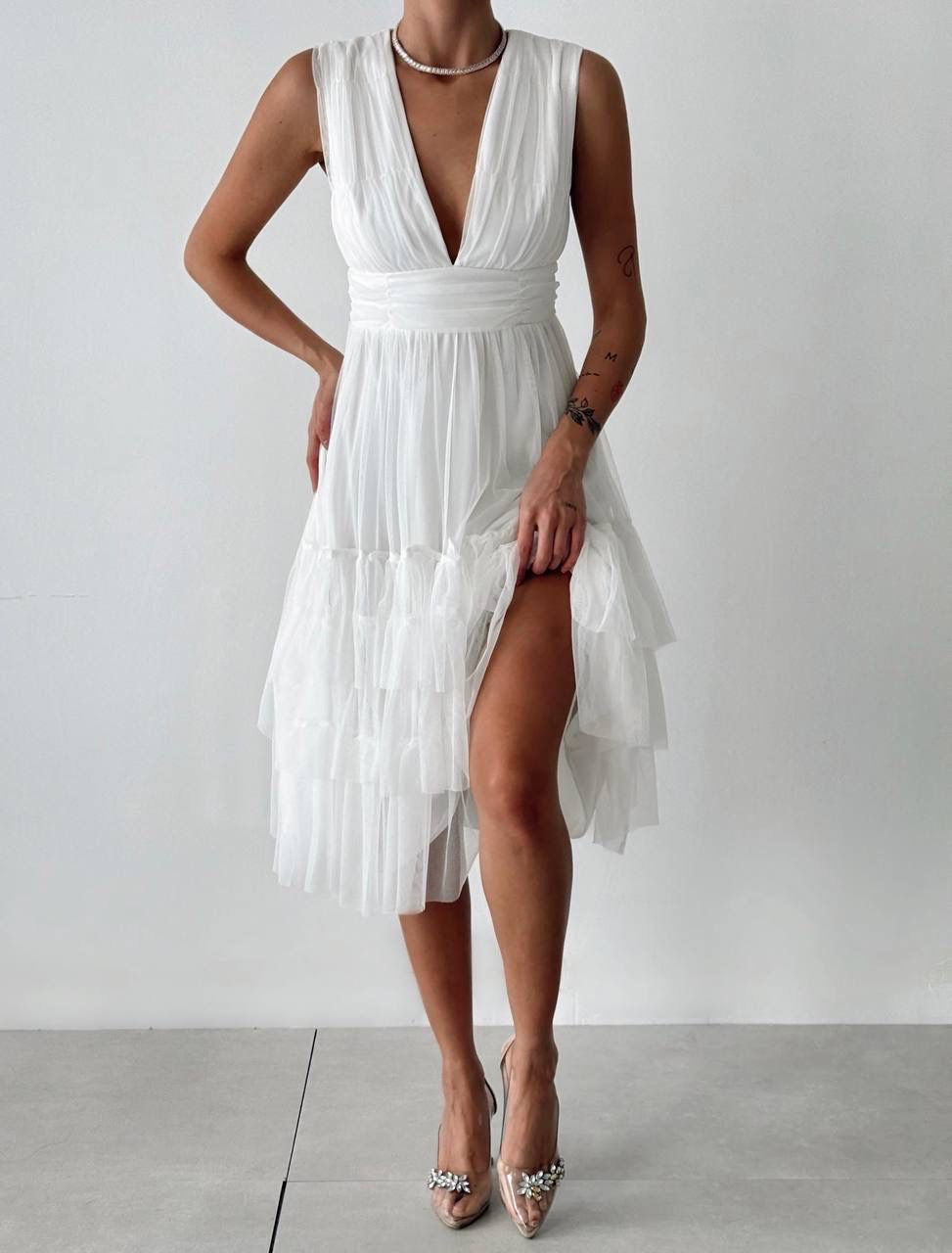 Vienna Tulle Layered Midi Dress - Kumkwat