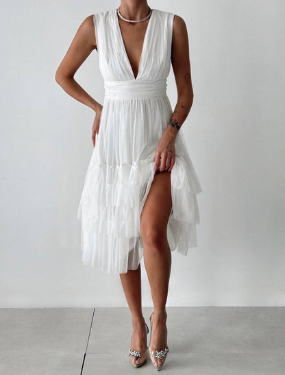 Vienna Tulle Layered Midi Dress - Kumkwat
