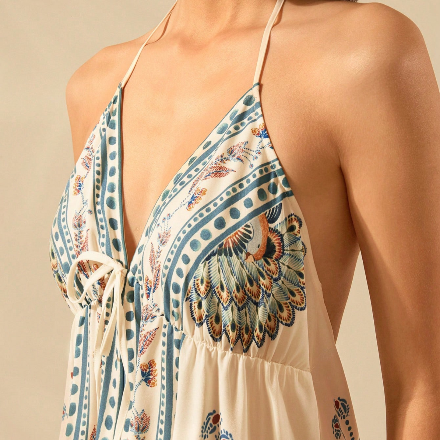 Boho Earth-Tone Floral Halter Maxi Dress