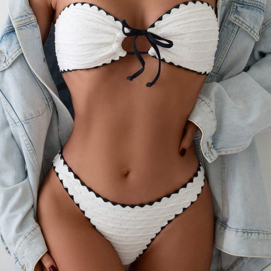 White Textured Bandeau Bikini Set with Black Trim - Kumkwat