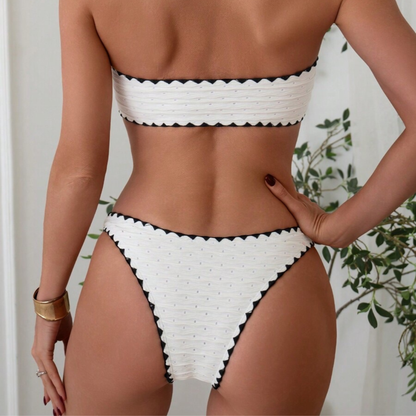 White Textured Bandeau Bikini Set with Black Trim - Kumkwat
