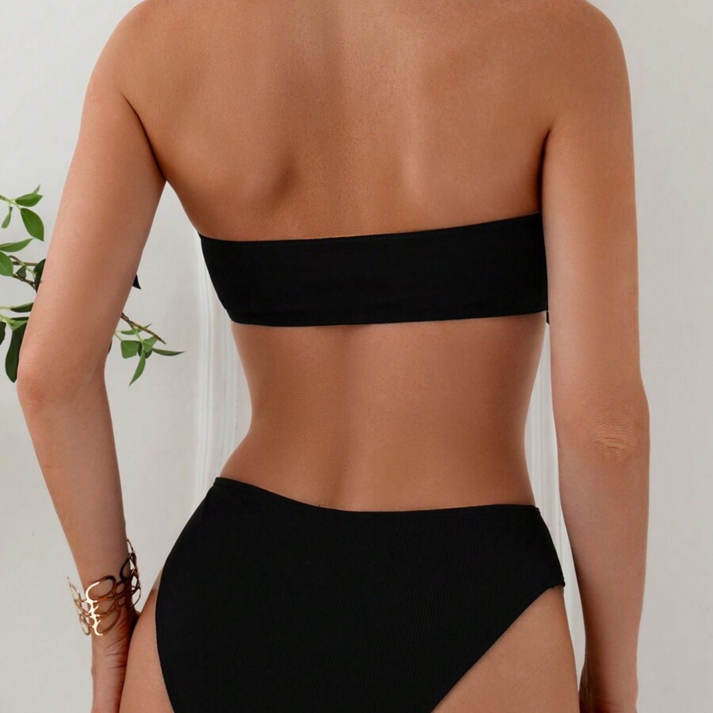 Scallop-Edge Black Strapless Bikini Set