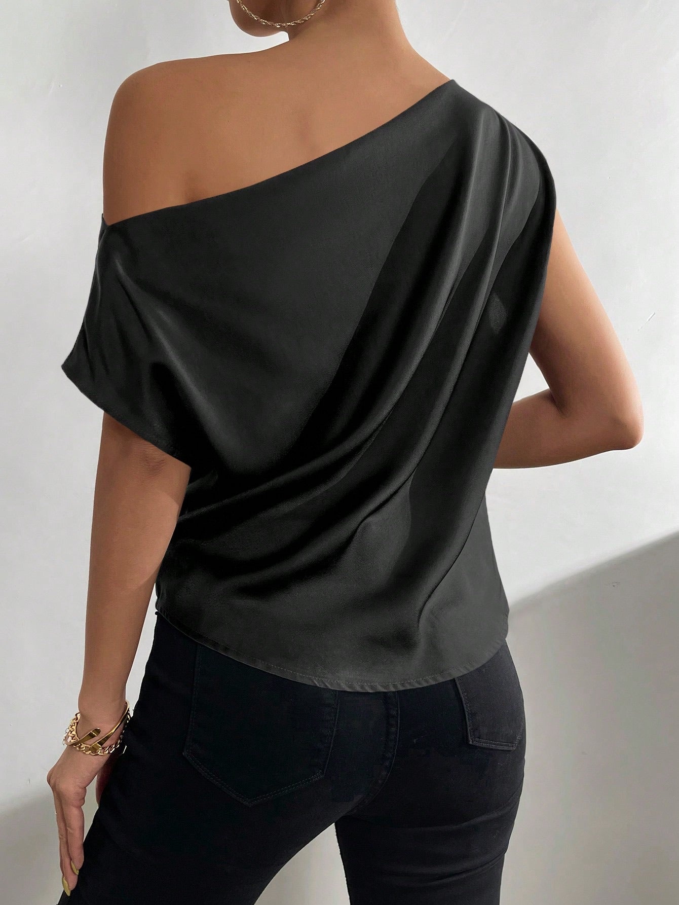 One-Shoulder Draped Blouse - Kumkwat