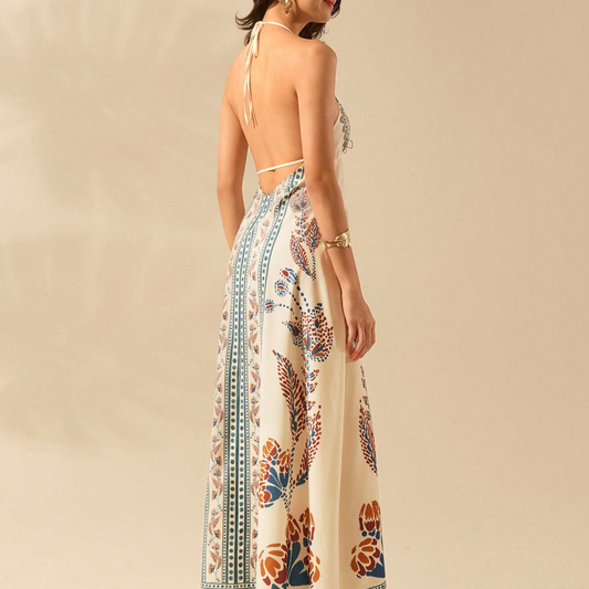 Boho Earth-Tone Floral Halter Maxi Dress