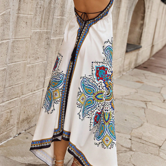 Bohemian Border Print Halter Midi Dress - Kumkwat