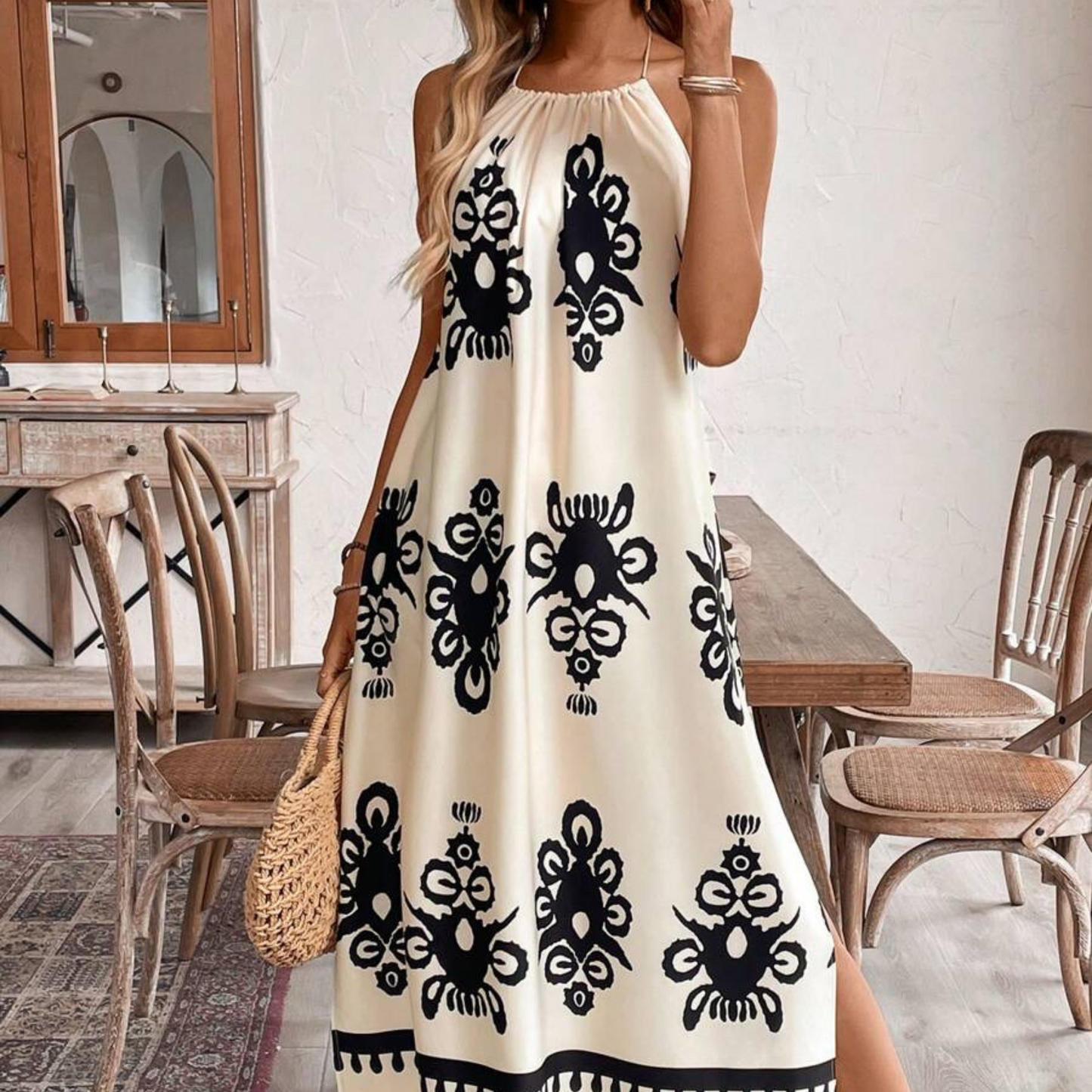 Boho Geo Print Halter Maxi Dress - Kumkwat