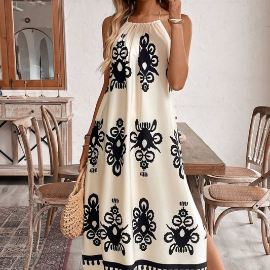 Boho Geo Print Halter Maxi Dress