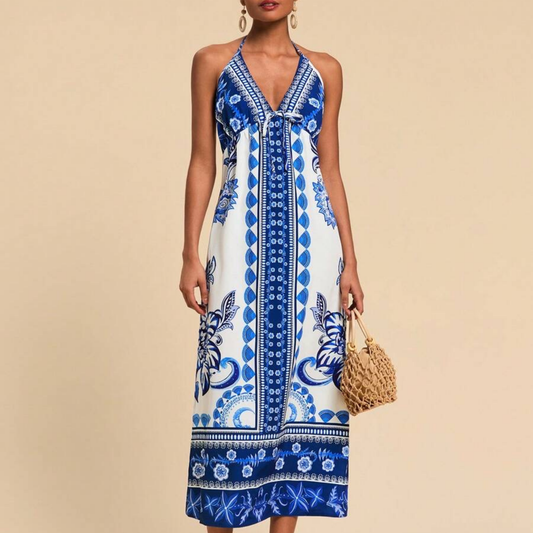 Santorini Blue Tile Print Halter Dress