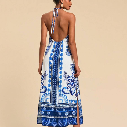 Santorini Blue Tile Print Halter Dress