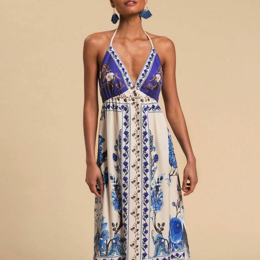 Royal Indigo Floral Halter Midi Dress