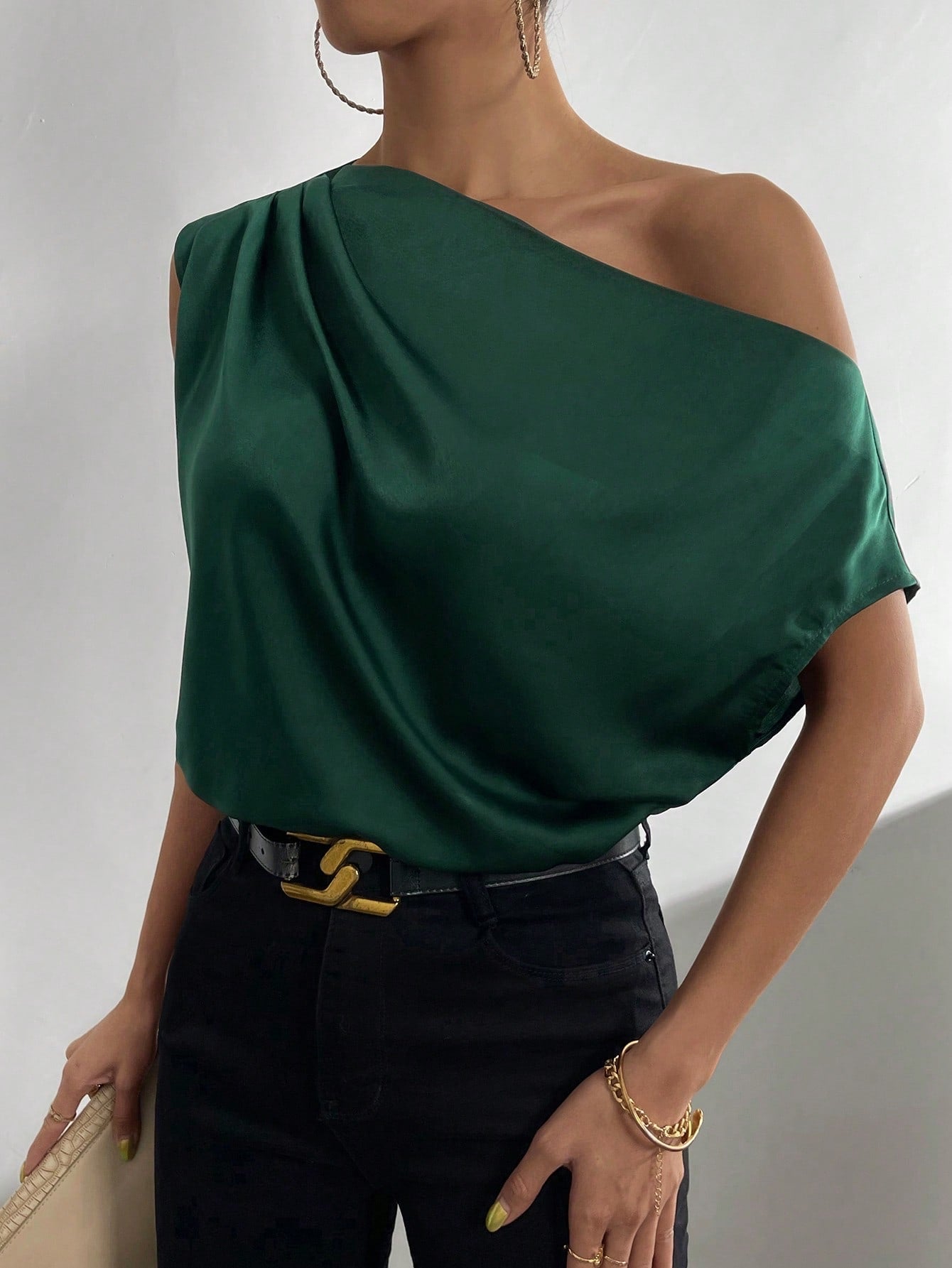 One-Shoulder Draped Blouse - Kumkwat