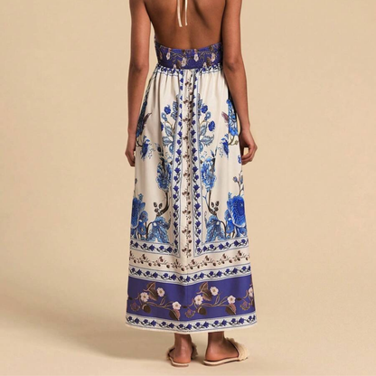 Royal Indigo Floral Halter Midi Dress