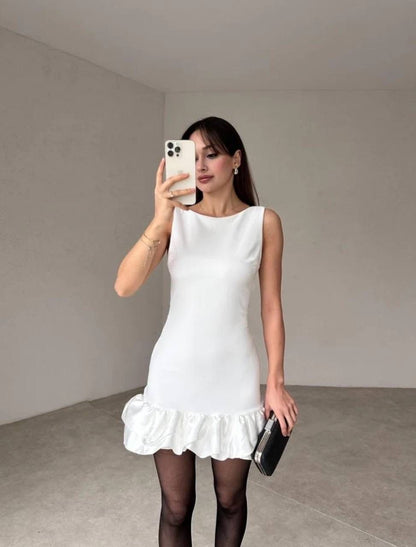 Audrey Ruffle-Hem Mini Dress – White Elegance - Kumkwat