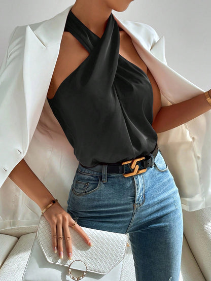 Cross-Halter Satin Blouse - Kumkwat
