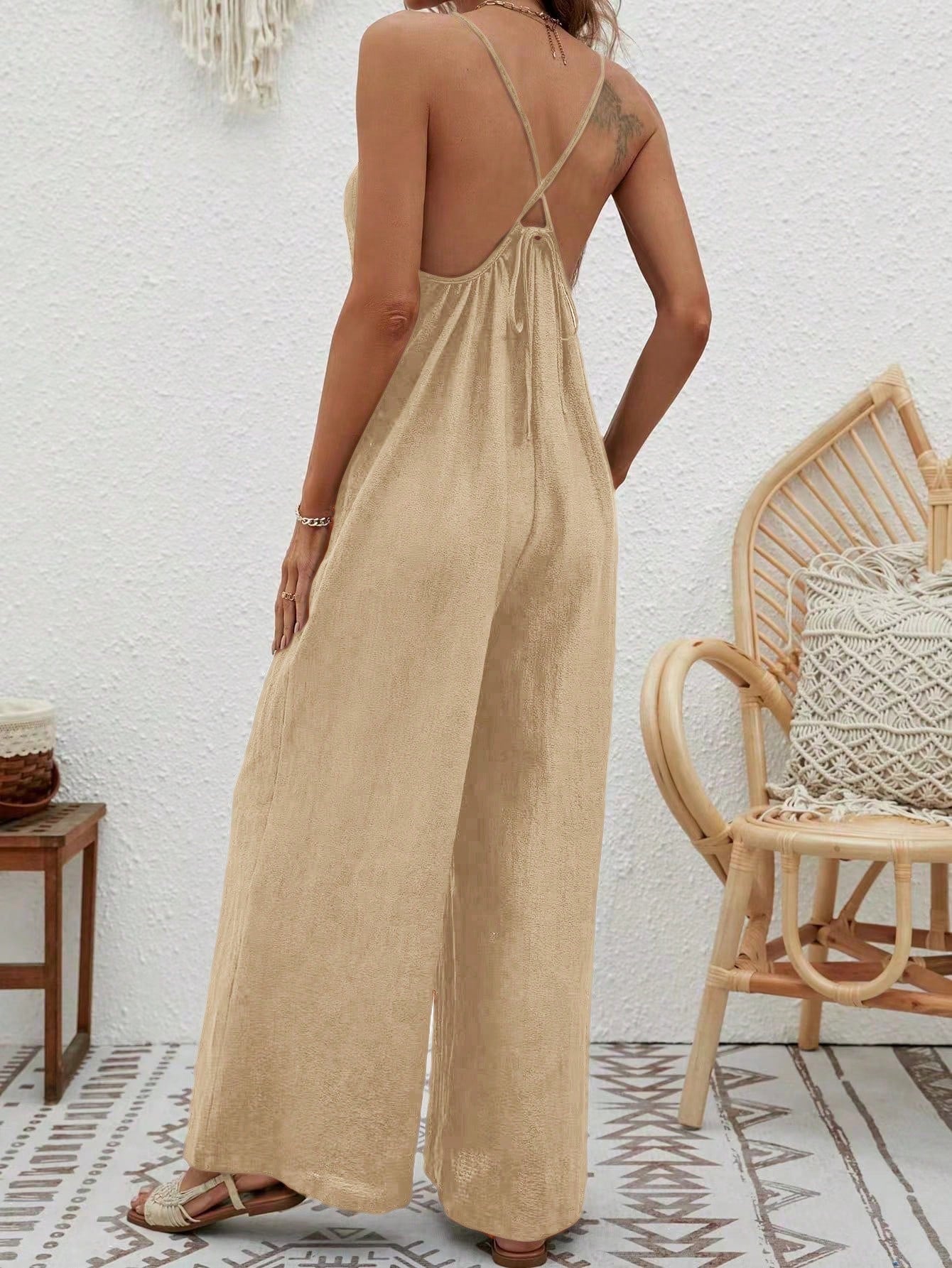 Sleek Wide-Leg Spaghetti Strap Jumpsuit – Beige - Kumkwat