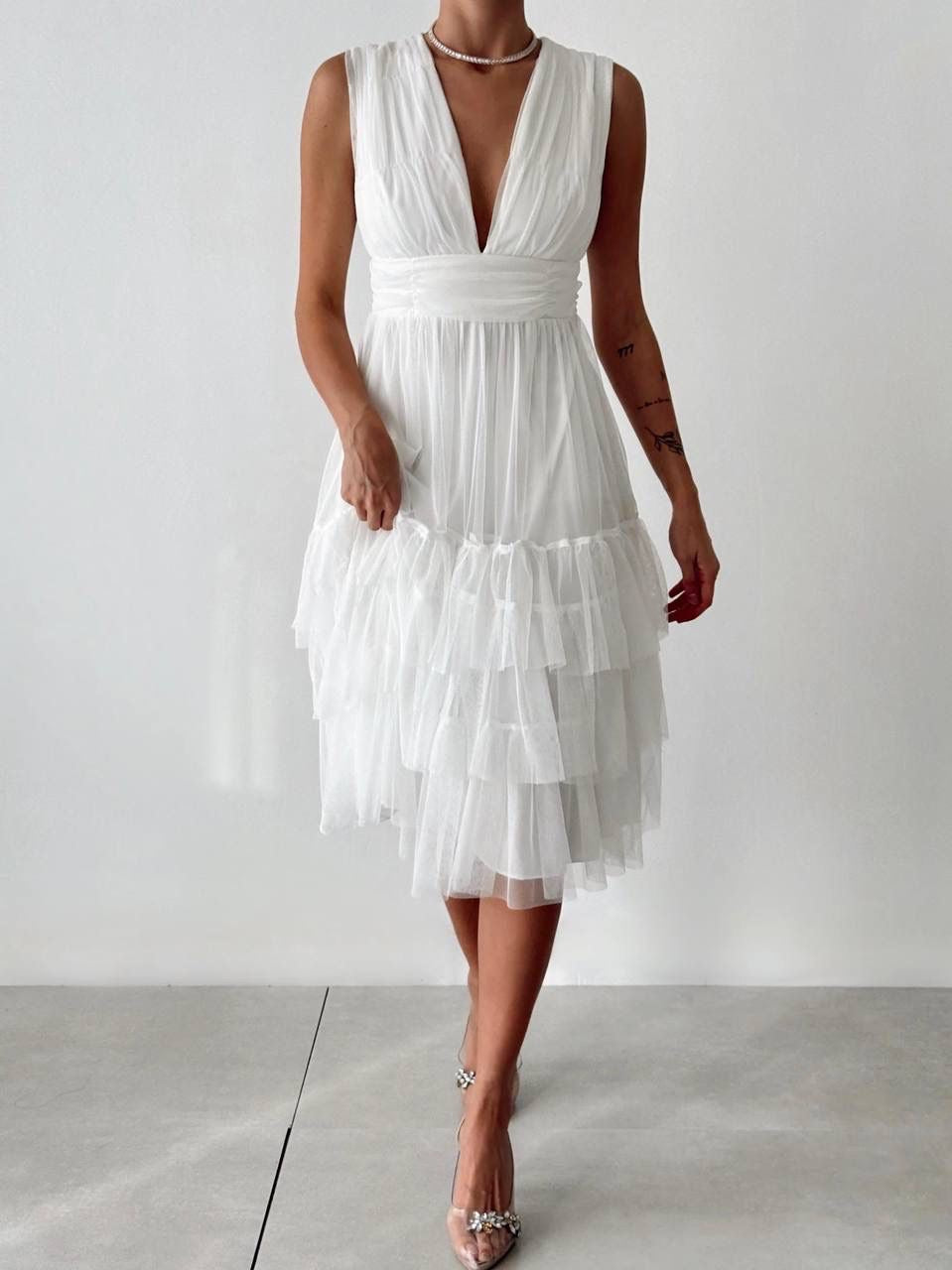 Vienna Tulle Layered Midi Dress - Kumkwat
