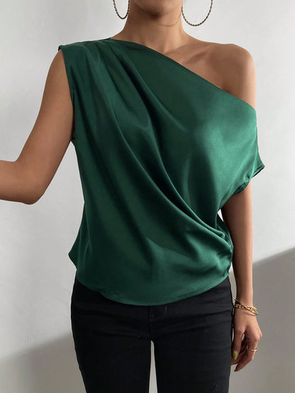 One-Shoulder Draped Blouse - Kumkwat