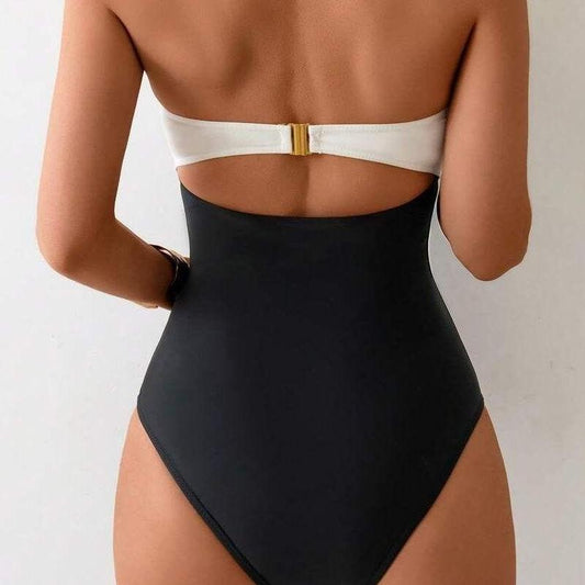 Pearl Detail Strapless One-Piece Swimsuit – Black & White - Kumkwat