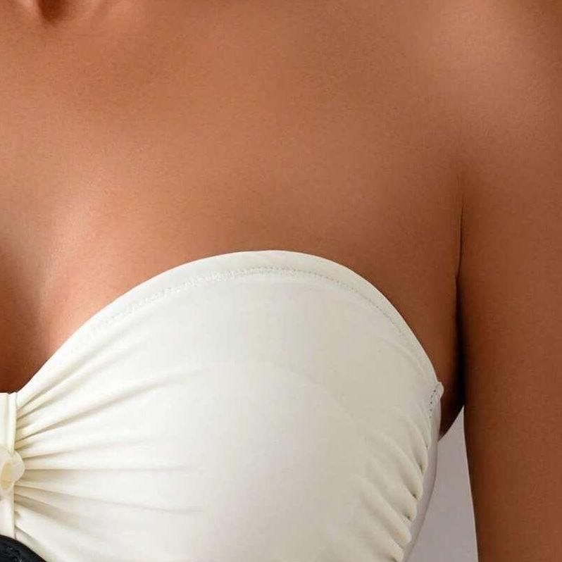 Pearl Detail Strapless One-Piece Swimsuit – Black & White - Kumkwat