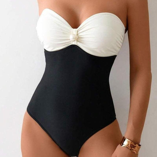 Pearl Detail Strapless One-Piece Swimsuit – Black & White - Kumkwat