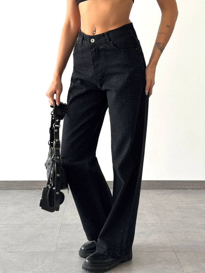 Wide-Leg Rhinestone Jeans - Kumkwat