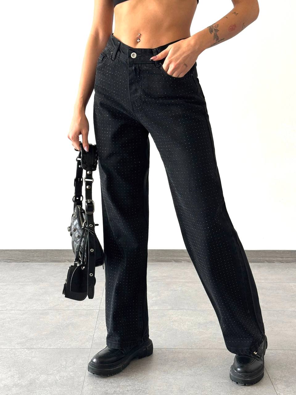 Wide-Leg Rhinestone Jeans - Kumkwat