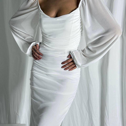 Arielle Ruched Mini Dress – White Elegance - Kumkwat